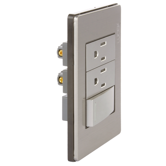 Placa metálica con 1 interruptor sencillo y 2 contactos de 1 modulo Plateado lucek